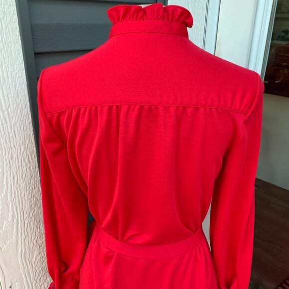 Vintage 70s Button Tie Front  Ruffle Trim Modest 60s Retro Secretary Dress - Picture 8 of 16